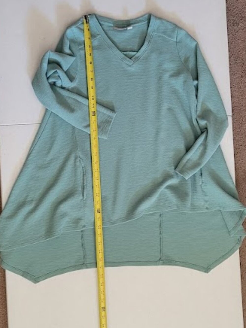Teal Mist Logo by Lori Vneck swing style tunic top with hidden seam pocket
